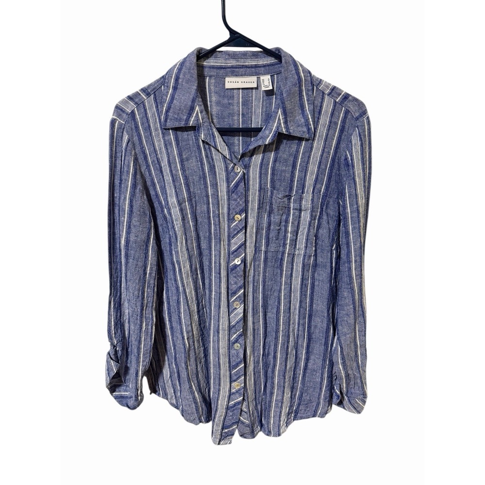 Susan Graver Size Small Blue Linen Blend Button Down Roll Tab Blouse Top